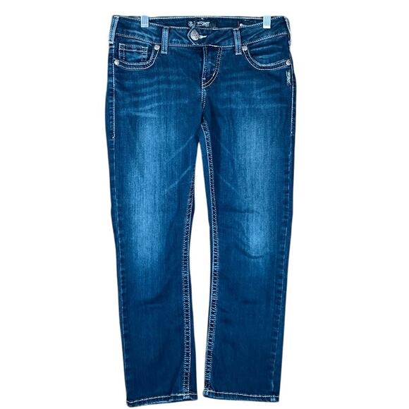 Silver Womens Jeans Blue Denim Tuesday Low Rise Capri Stretch 30x23 - Picture 1 of 12